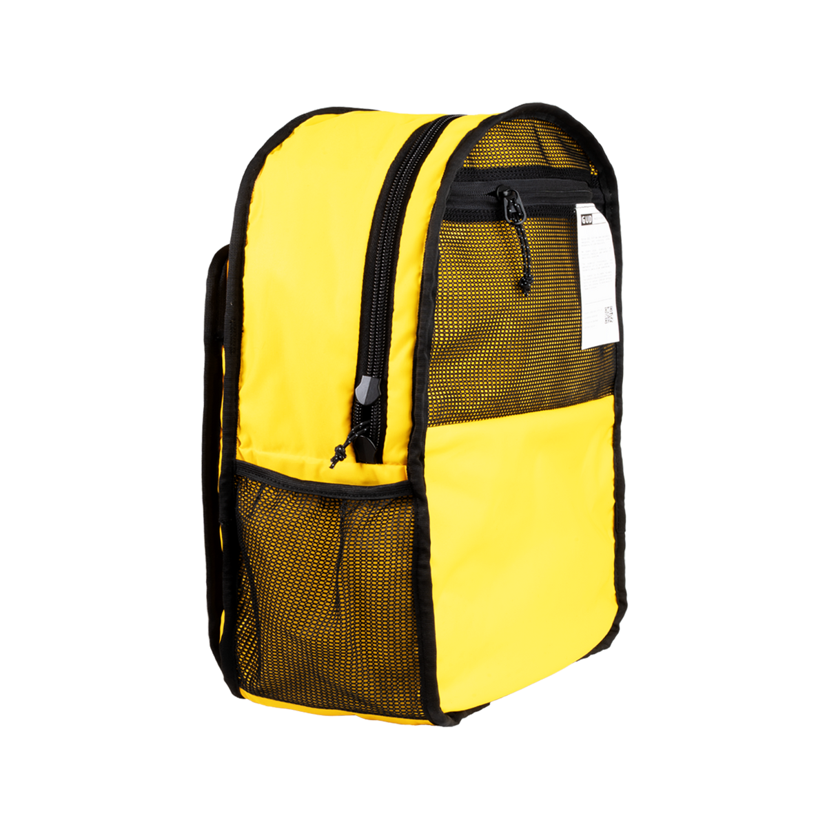 Yellow backpack with black mesh side pockets on a white background