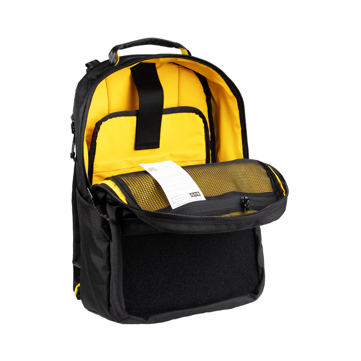 Black and yellow backpack with a visible brand label on a white background