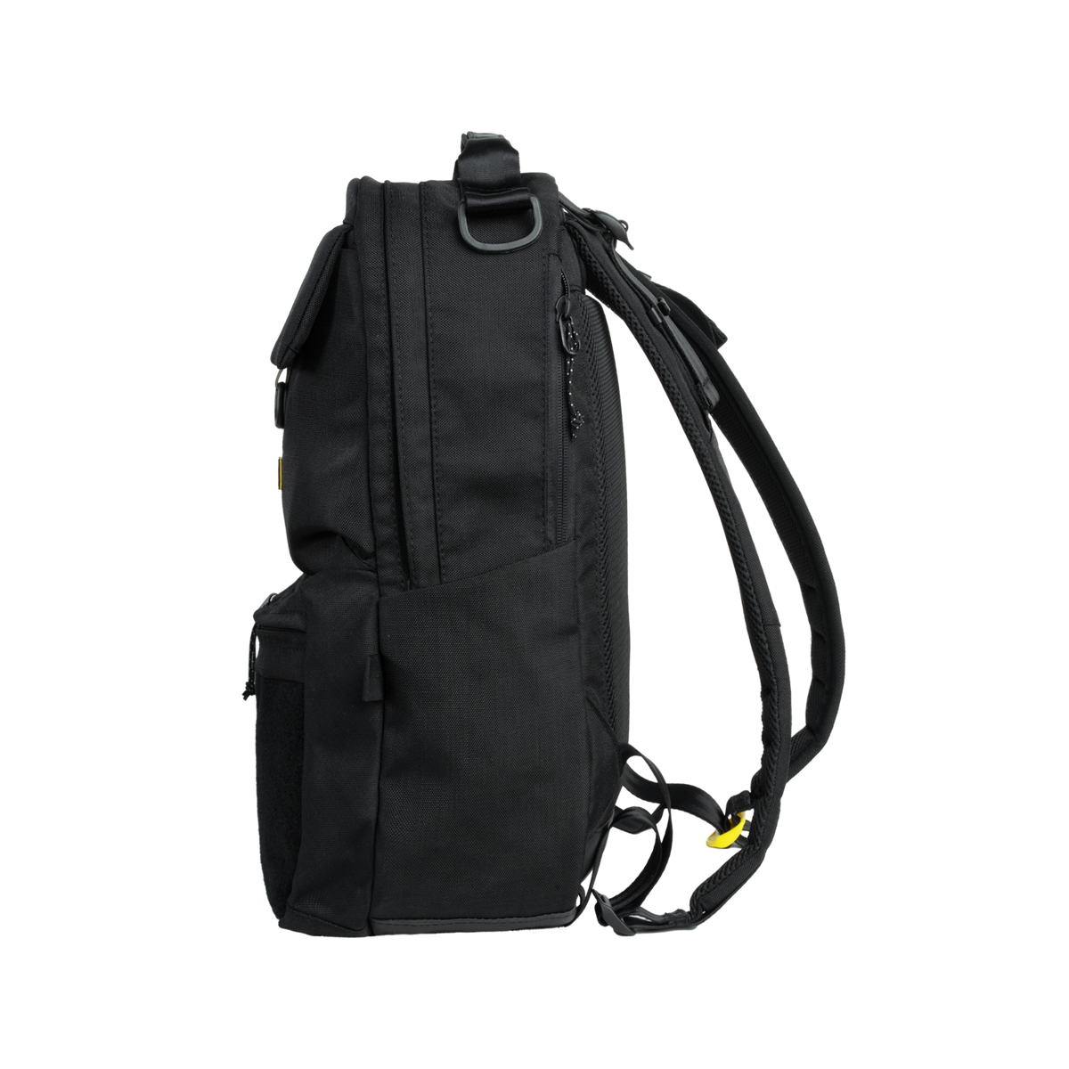 Black backpack with a yellow tag on a white background
