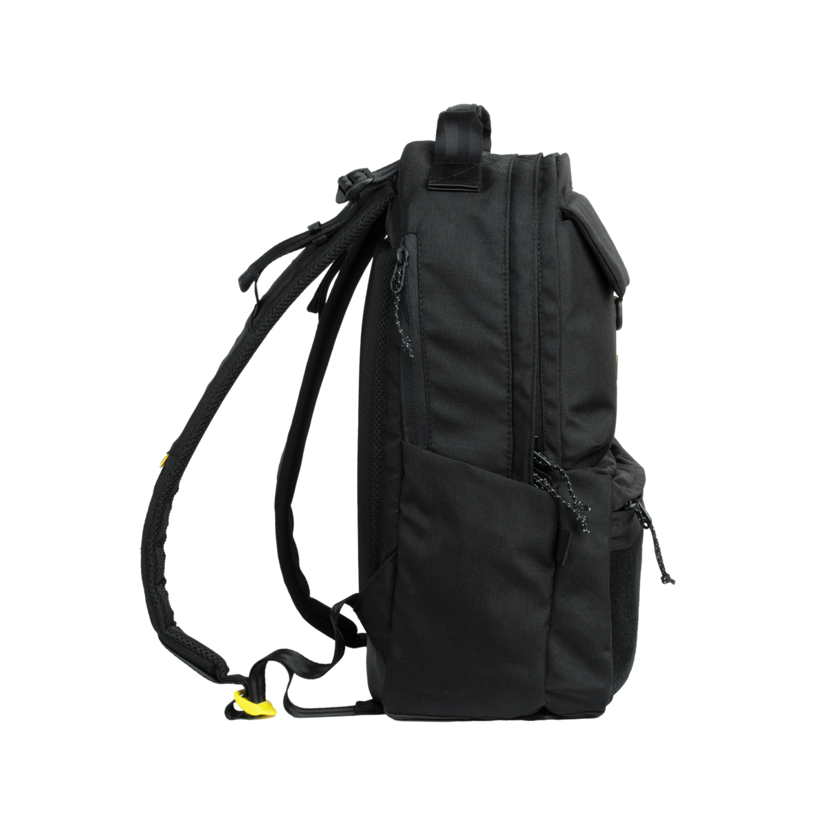 Black backpack with a yellow tag on a white background