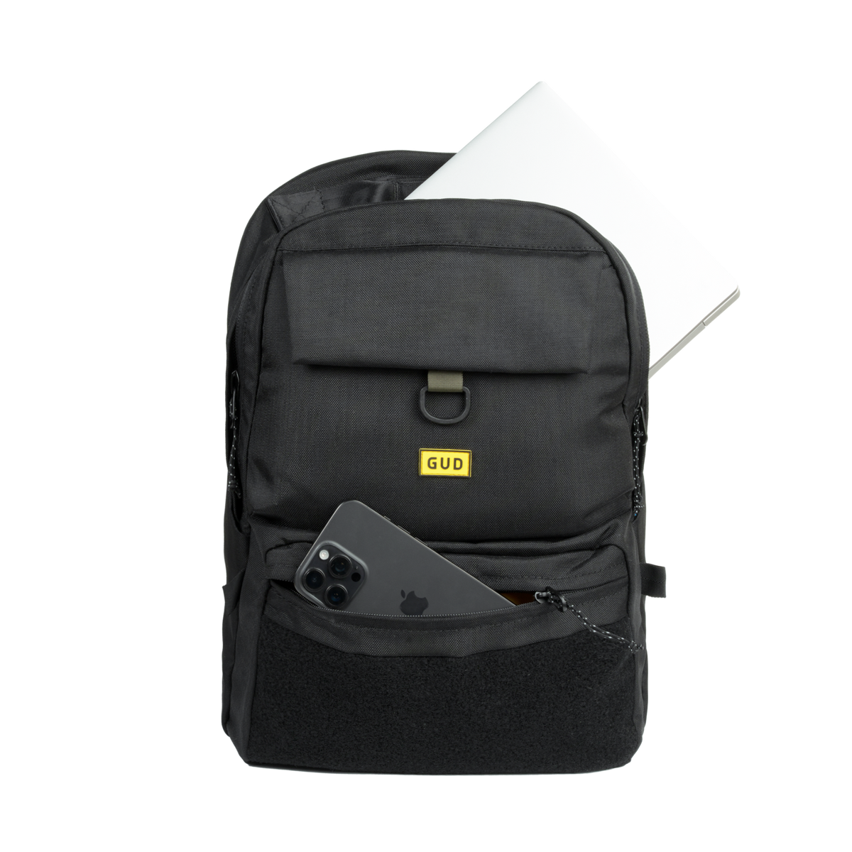 Black backpack with a yellow brand label on a white background
