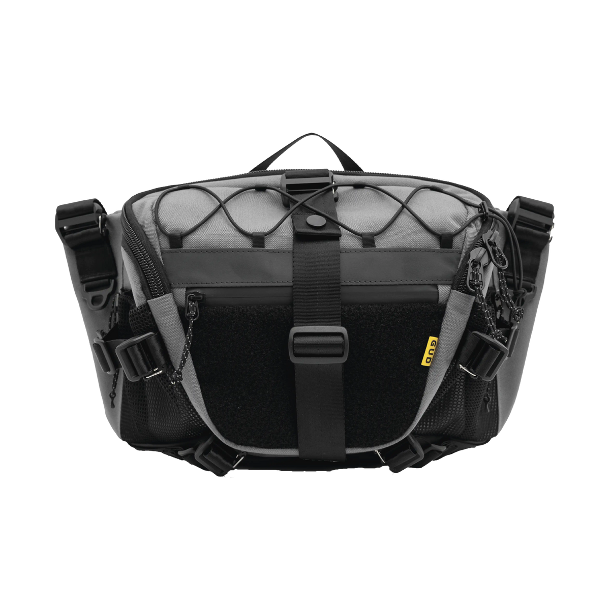Black and gray bag with mesh side on a white background