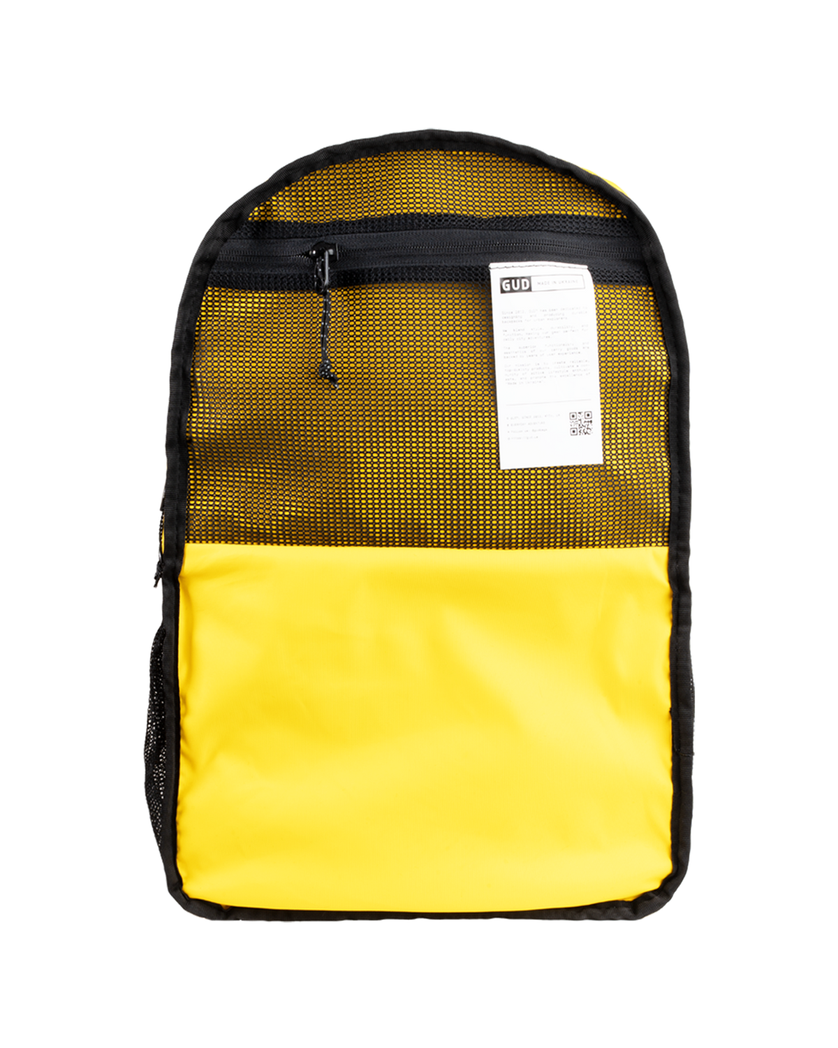 Yellow backpack with a black mesh back panel on a white background