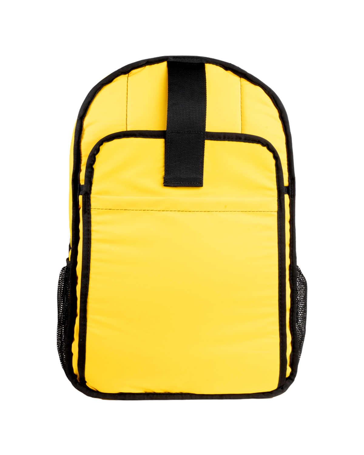 Yellow backpack with black straps on a white background
