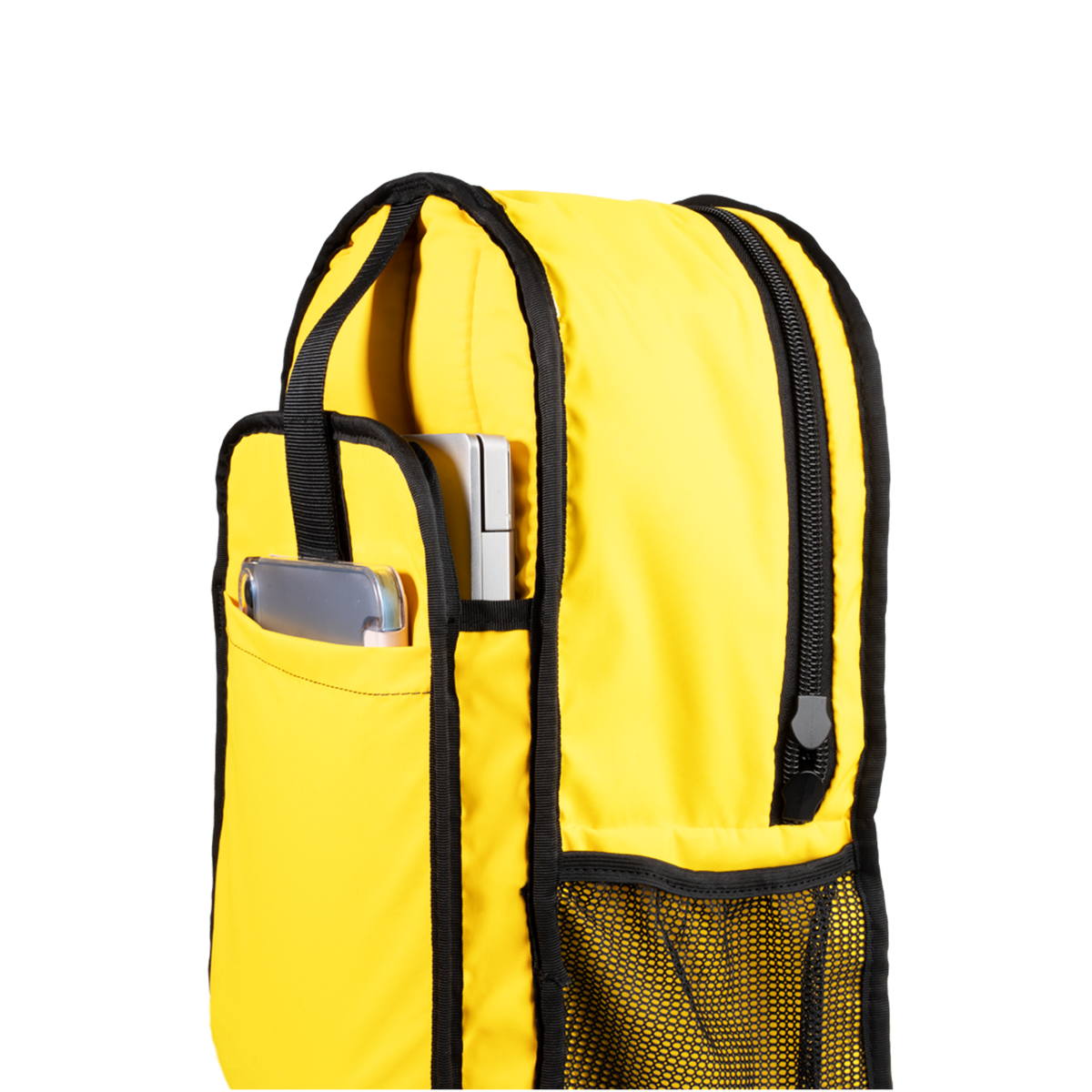 Yellow backpack with black accents on a white background