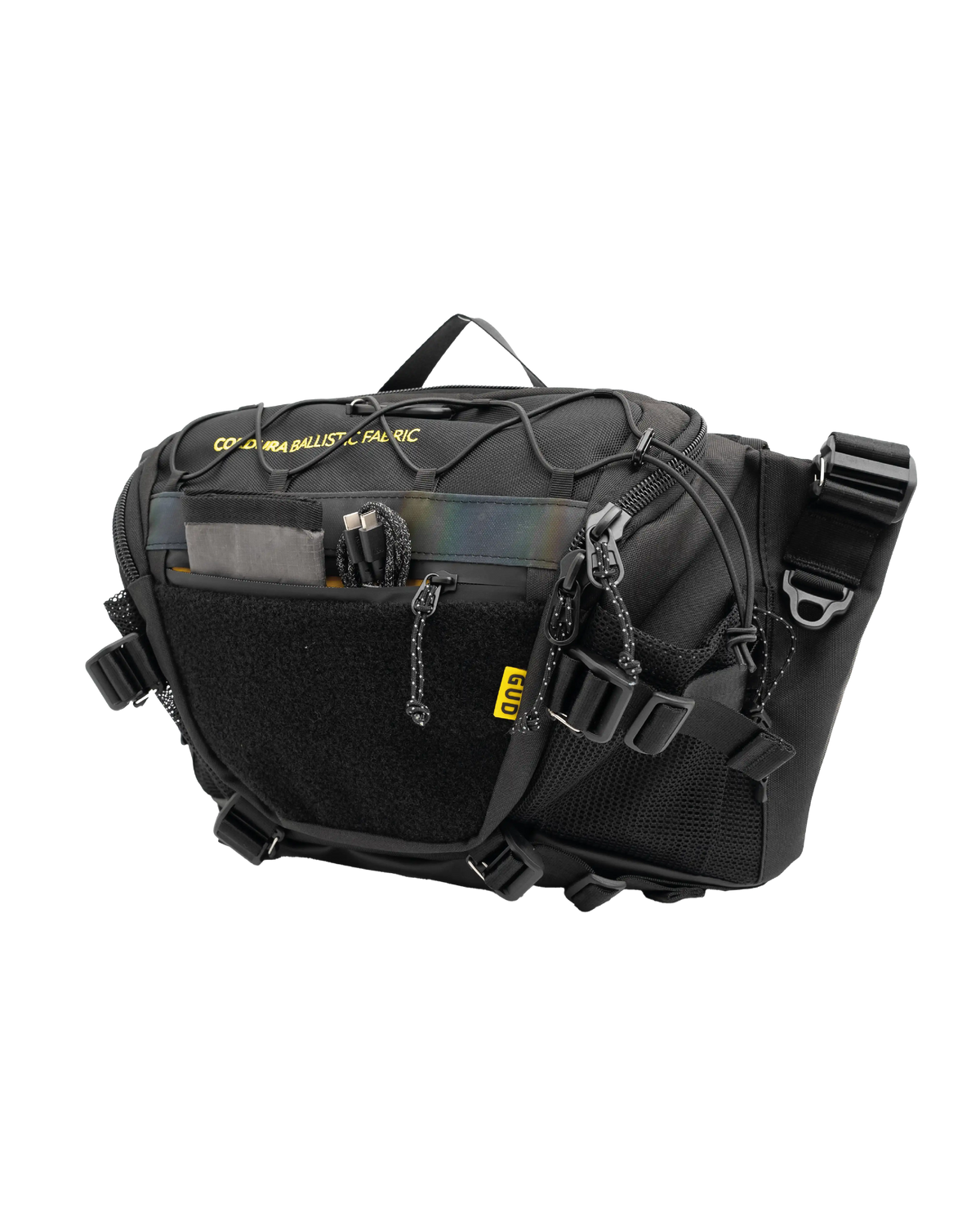 Black tactical bag with visible branding on a white background