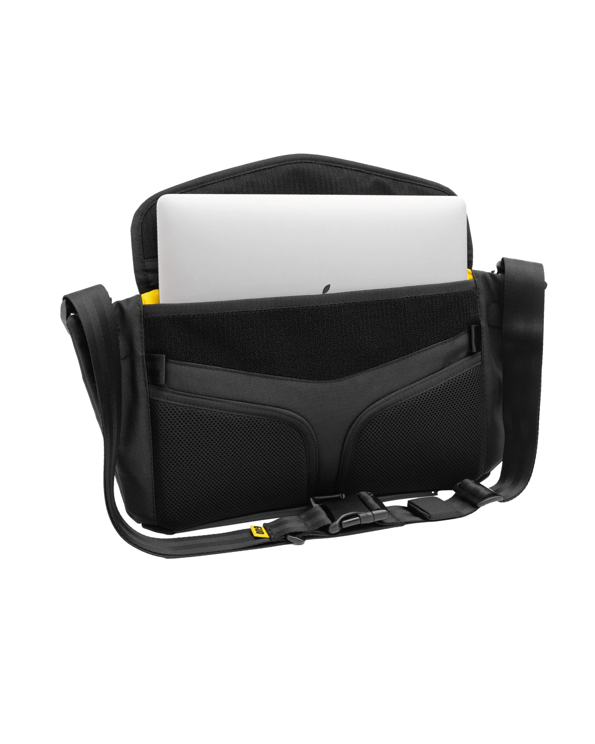 Black laptop bag with a compartment for a laptop on a white background
